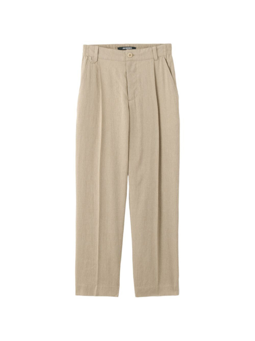 Beige Straight Solid Pants 1