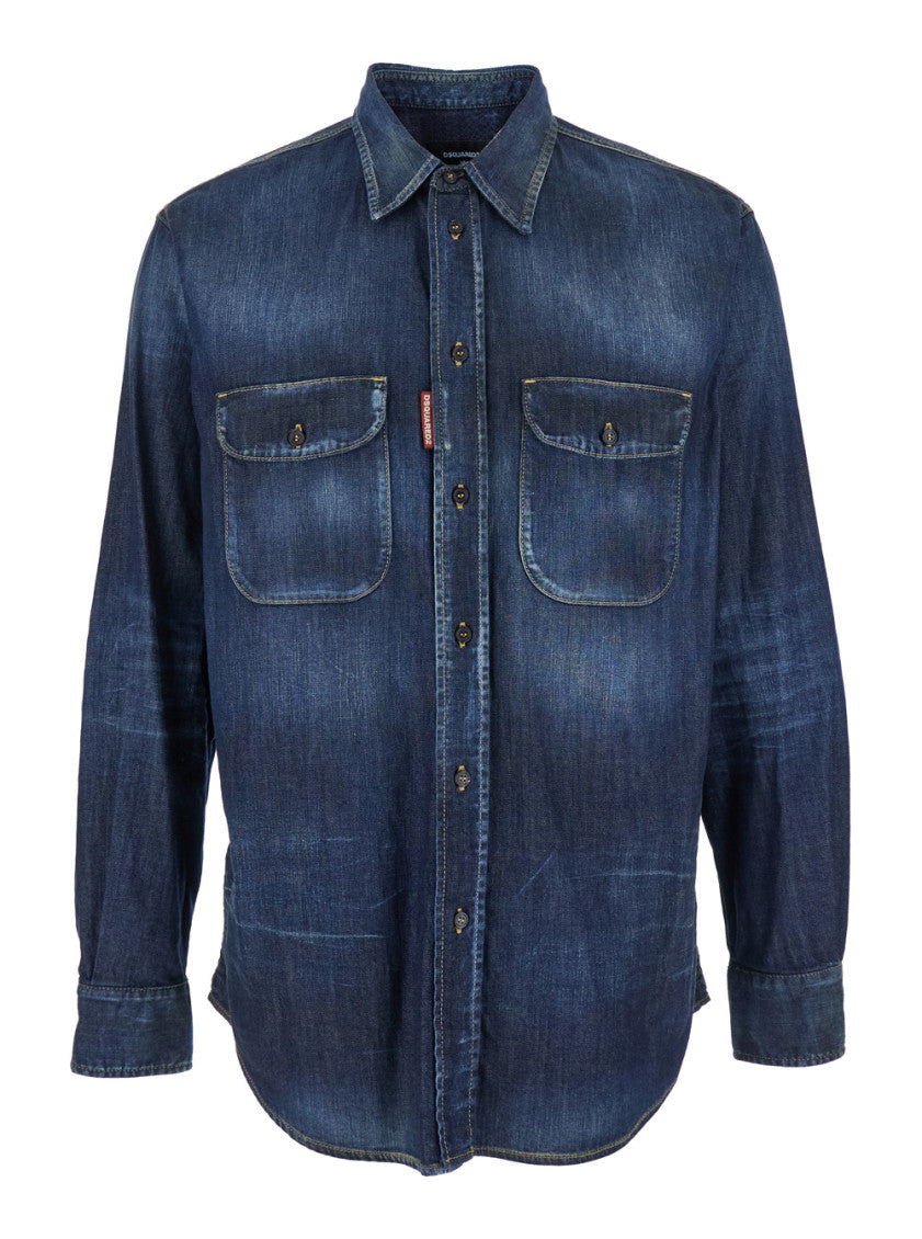 Blue Pointed Collar Denim Shirt 1
