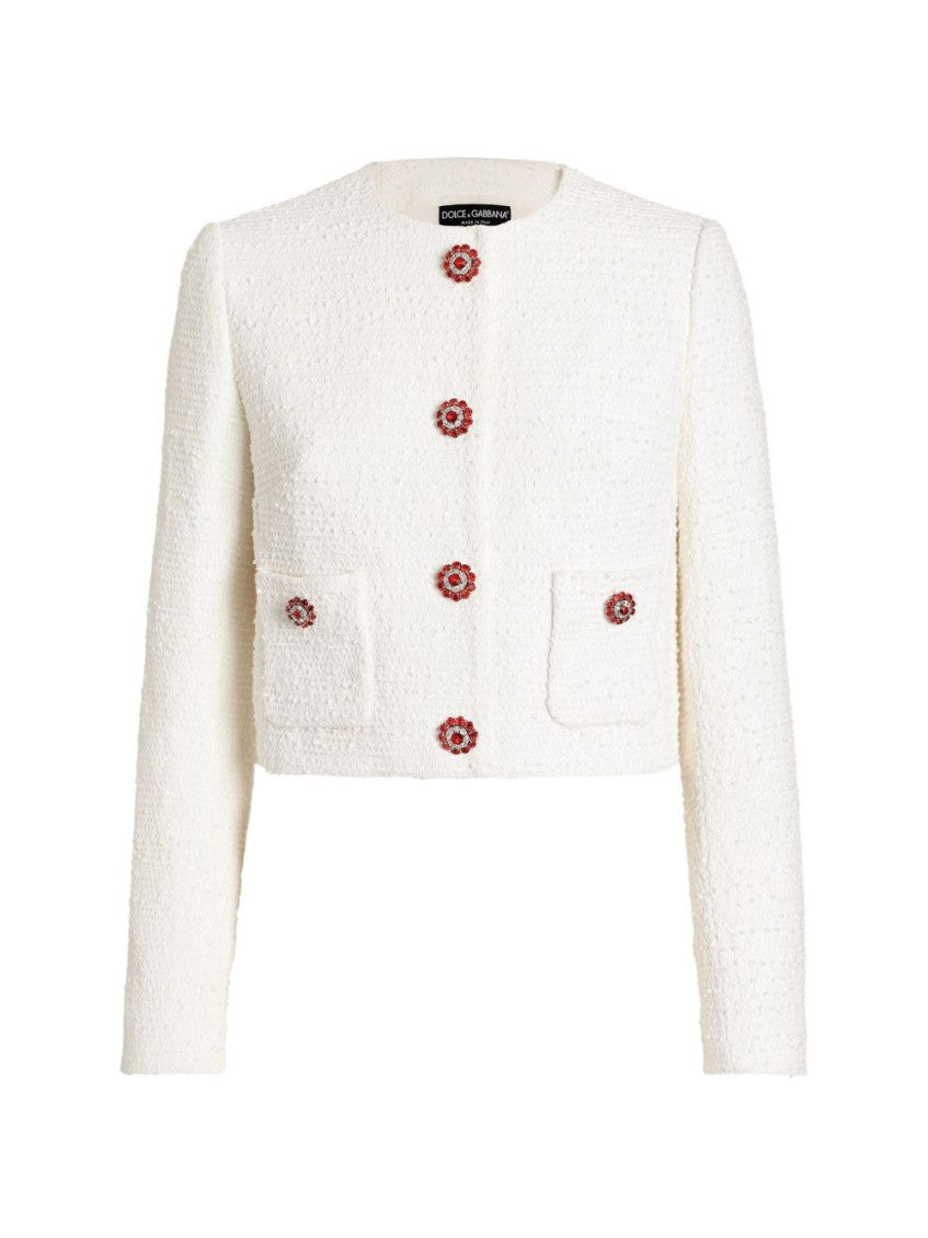 White Textured Round Neck Jacket 1