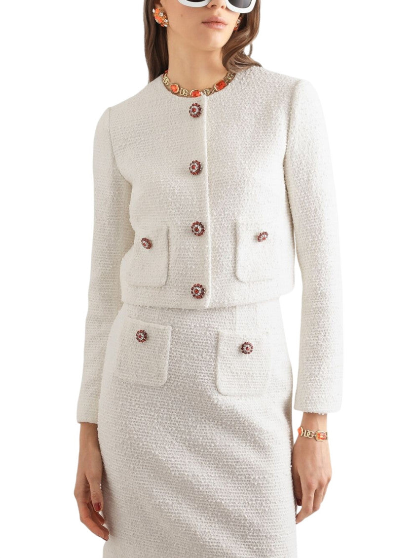 White Textured Round Neck Jacket 2