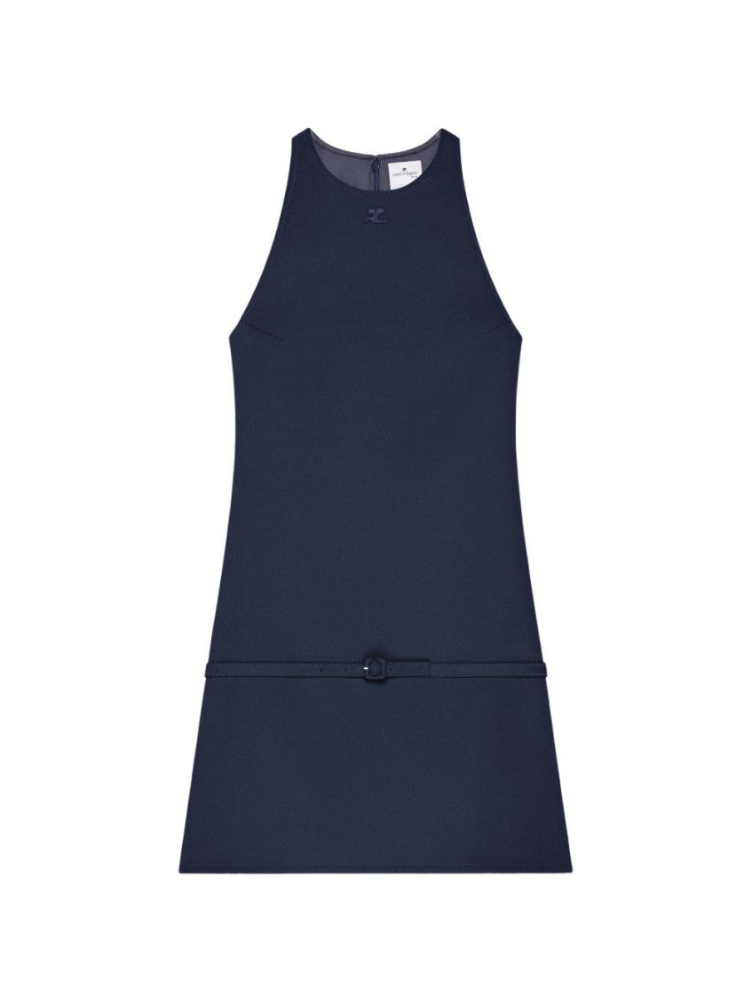 Blue Solid Round Neck Mini Dress 1