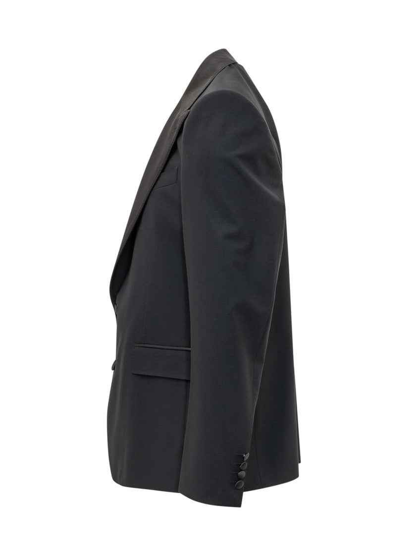 Blue Solid Peaked Lapel Suit 4