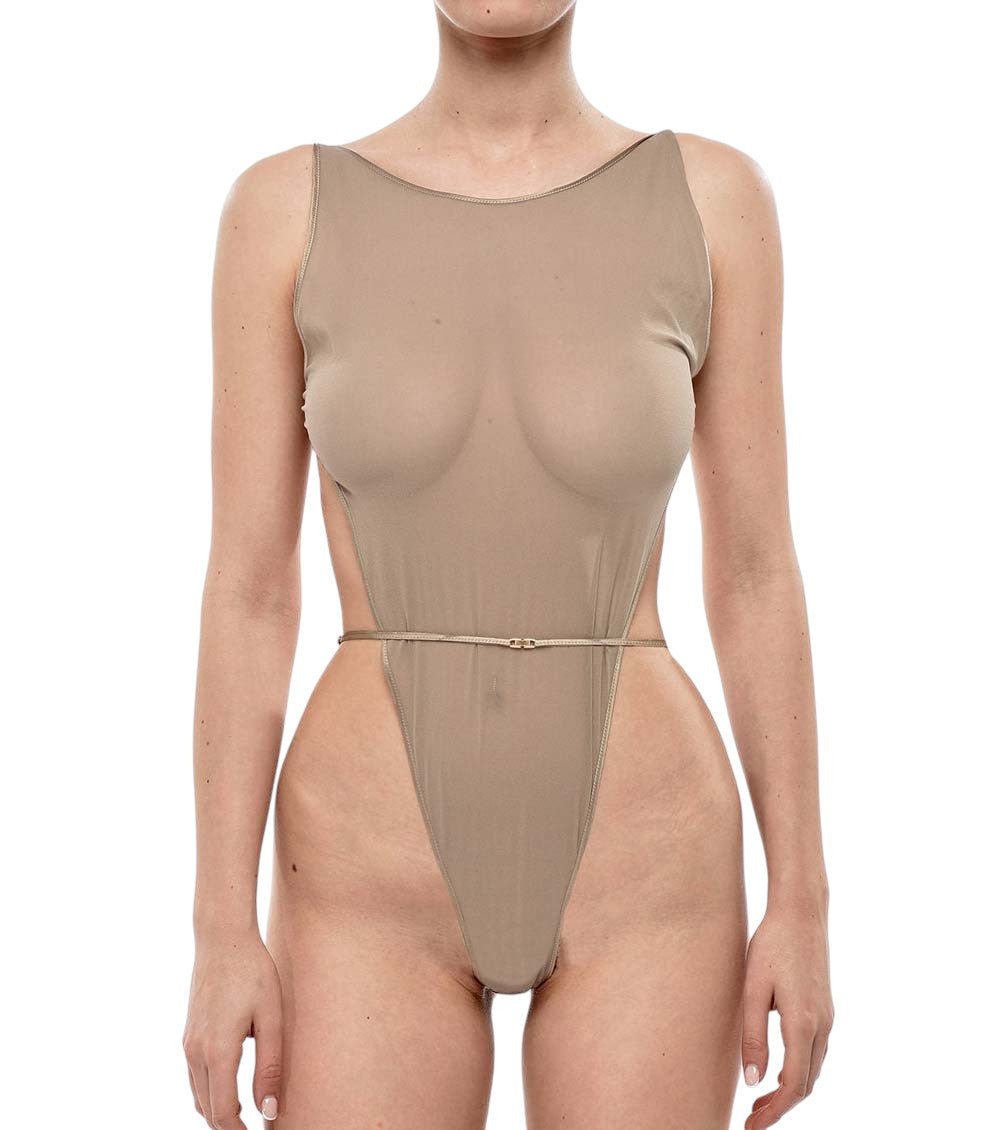 Beige Solid Swimwear 1