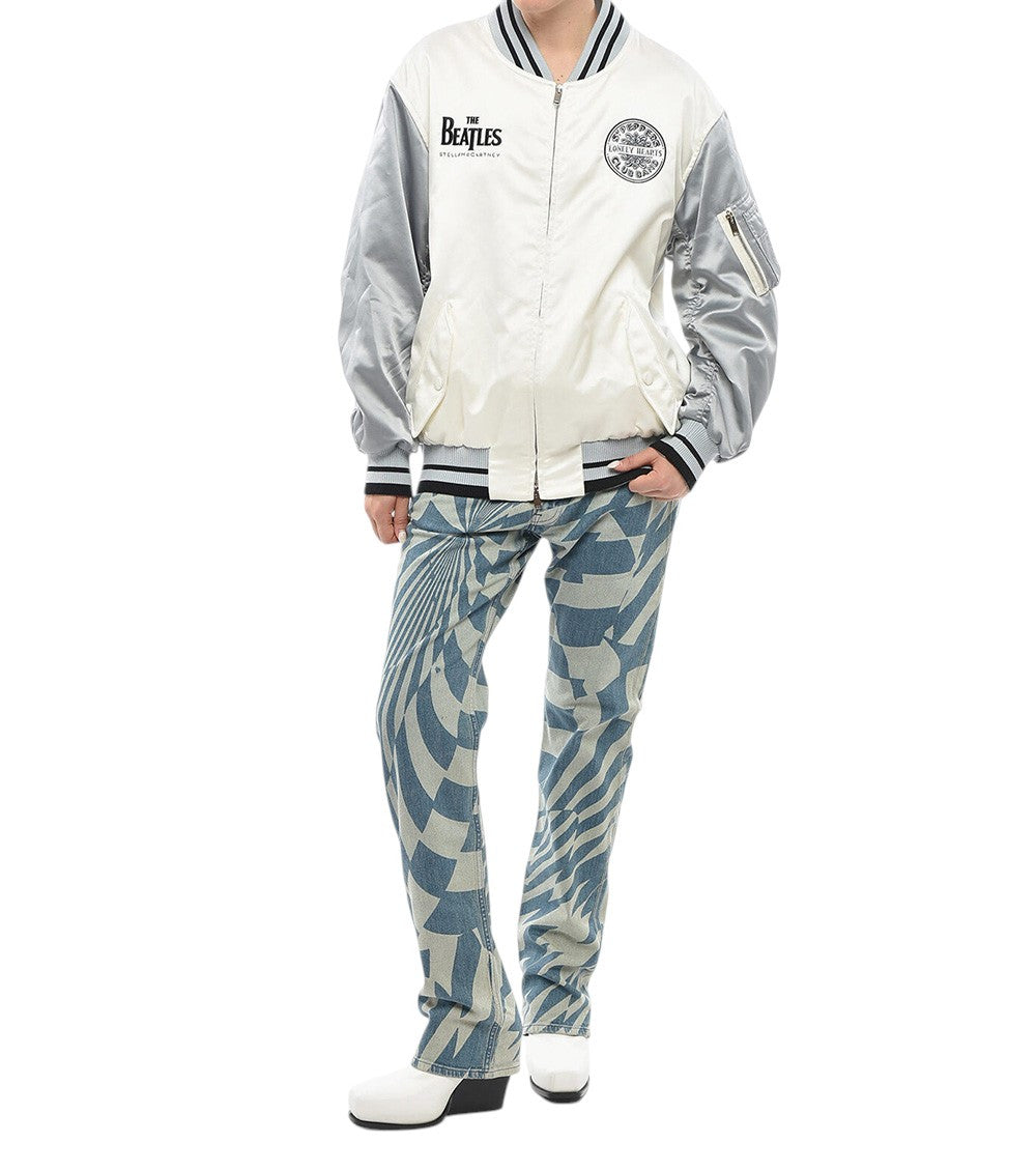 White Graphic Band Collar Jacket 4