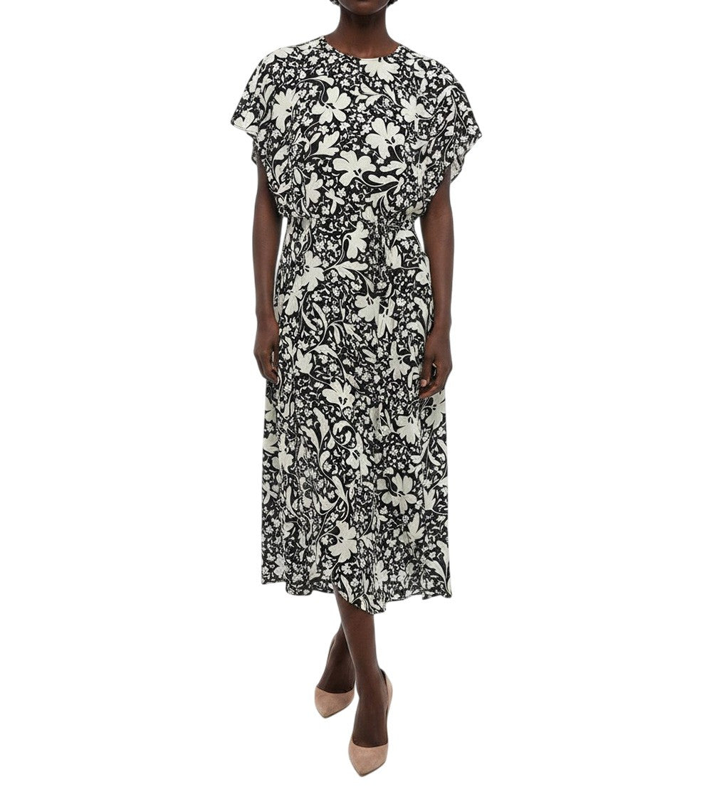 BlackWhite Floral Round Neck Midi Dress 1