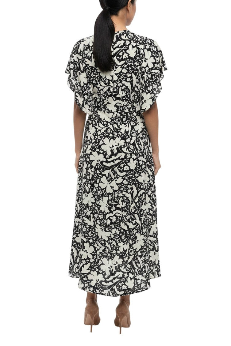 BlackWhite Floral Round Neck Midi Dress 2