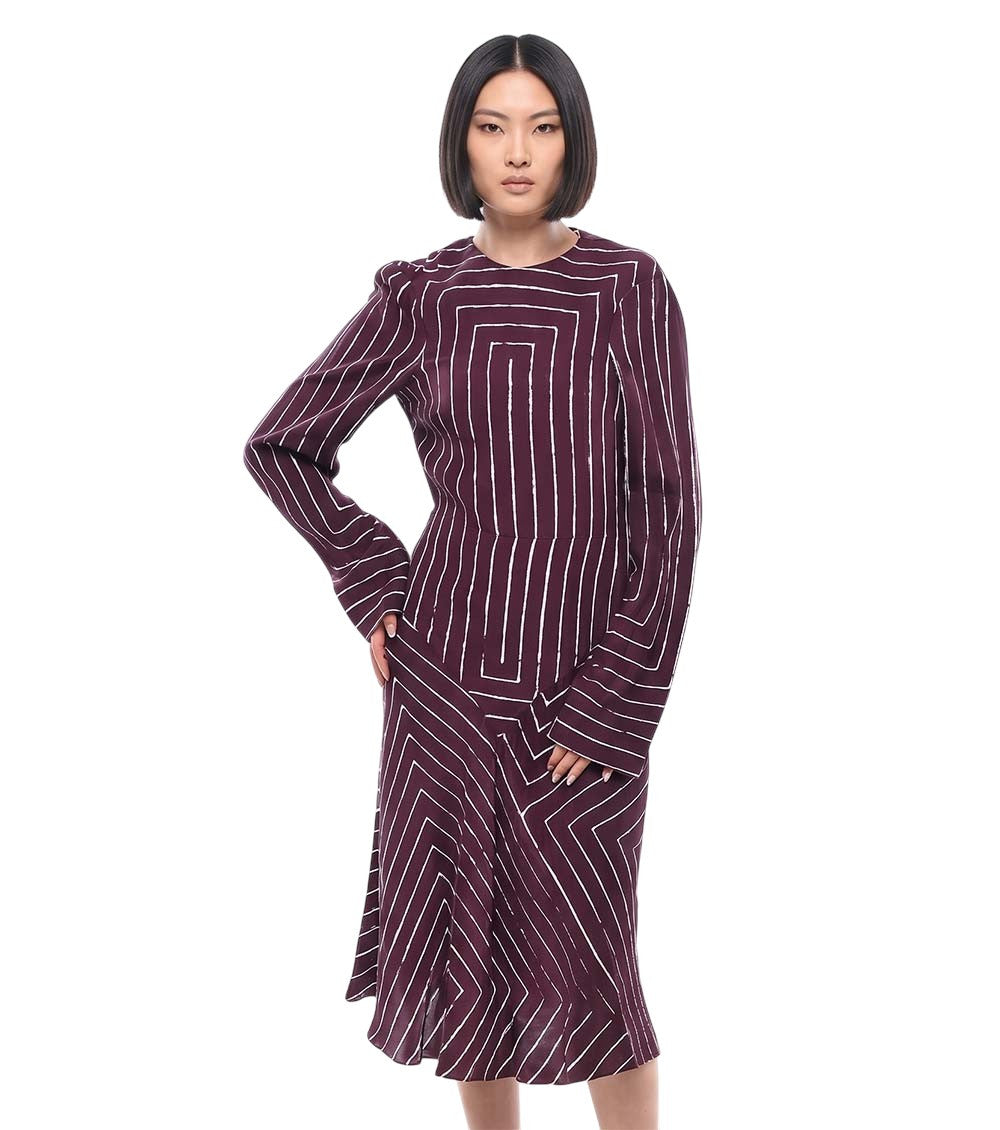 Maroon Stripes Round Neck Midi Dress 1