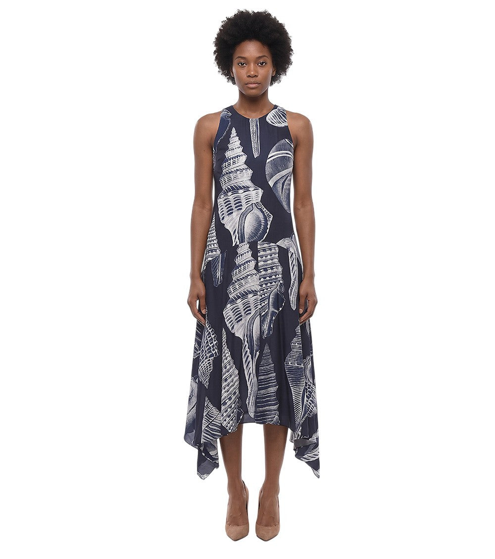 Blue Abstract Round Neck Midi Dress 1