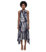 Blue Abstract Round Neck Midi Dress 1