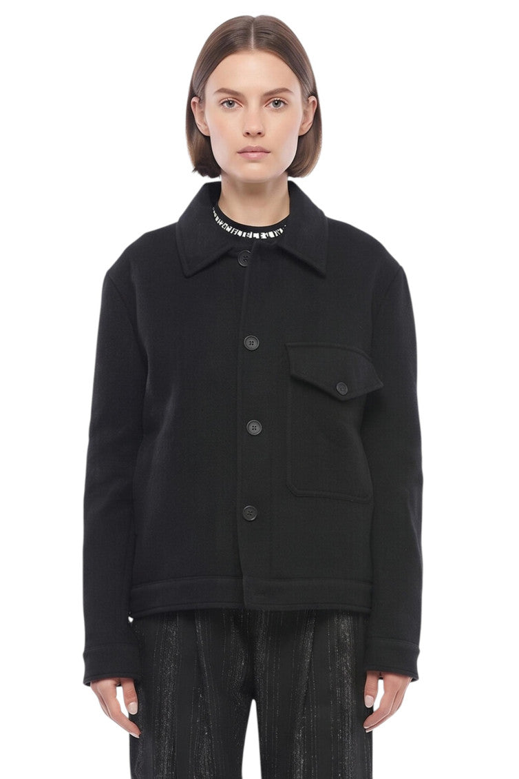 Black Solid Shirt Collar Jacket 1