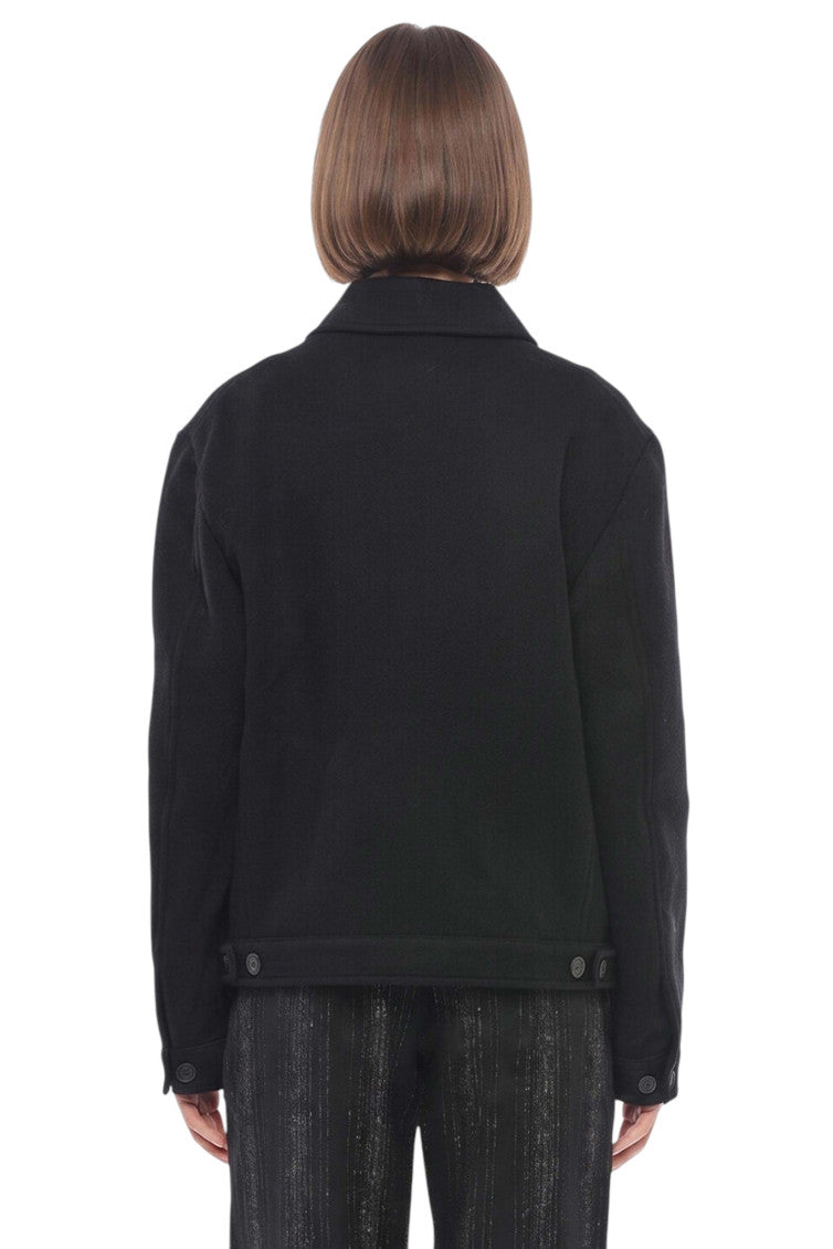 Black Solid Shirt Collar Jacket 2
