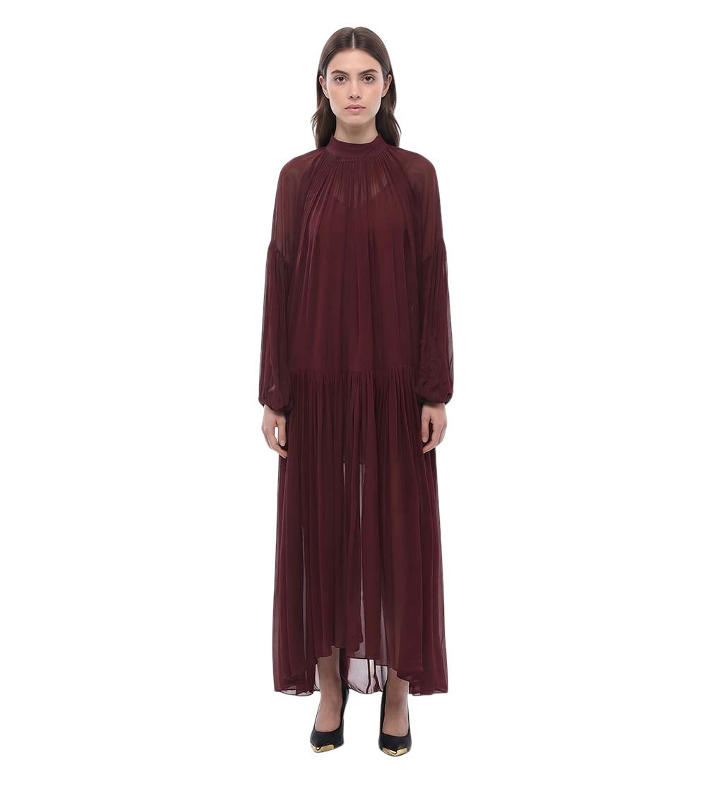 Maroon Pleated Mock Collar Maxi Dress 1