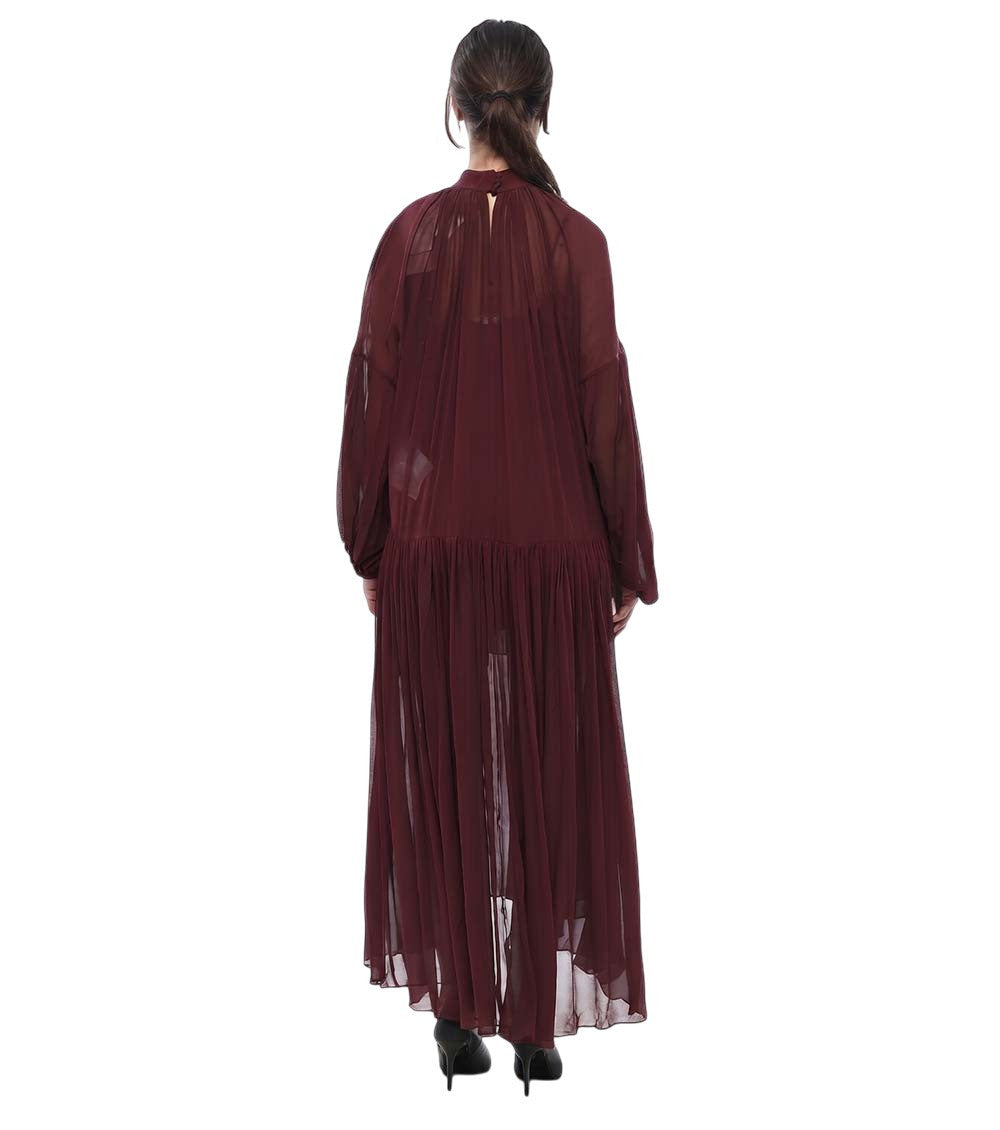 Maroon Pleated Mock Collar Maxi Dress 2