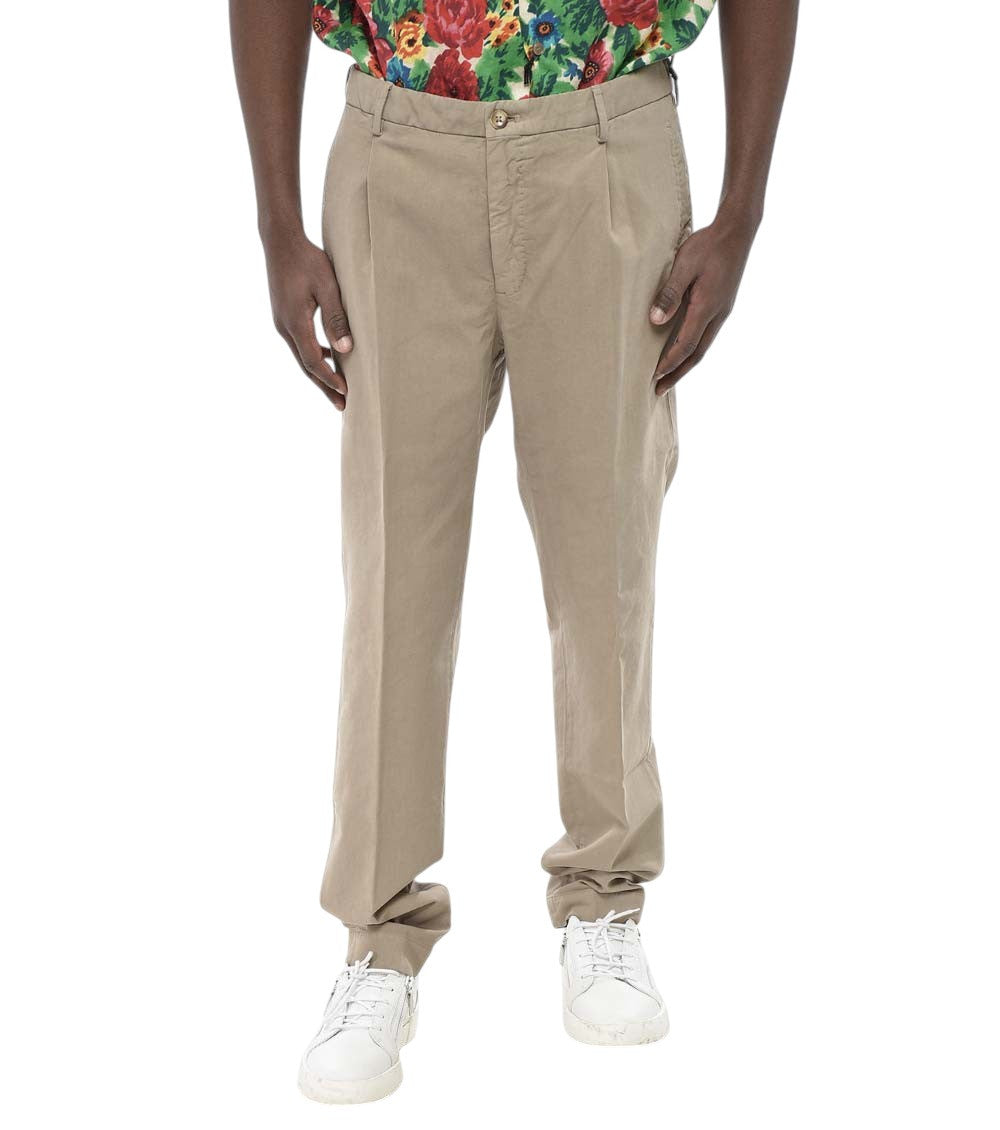 Beige Pleated Solid Trousers 1