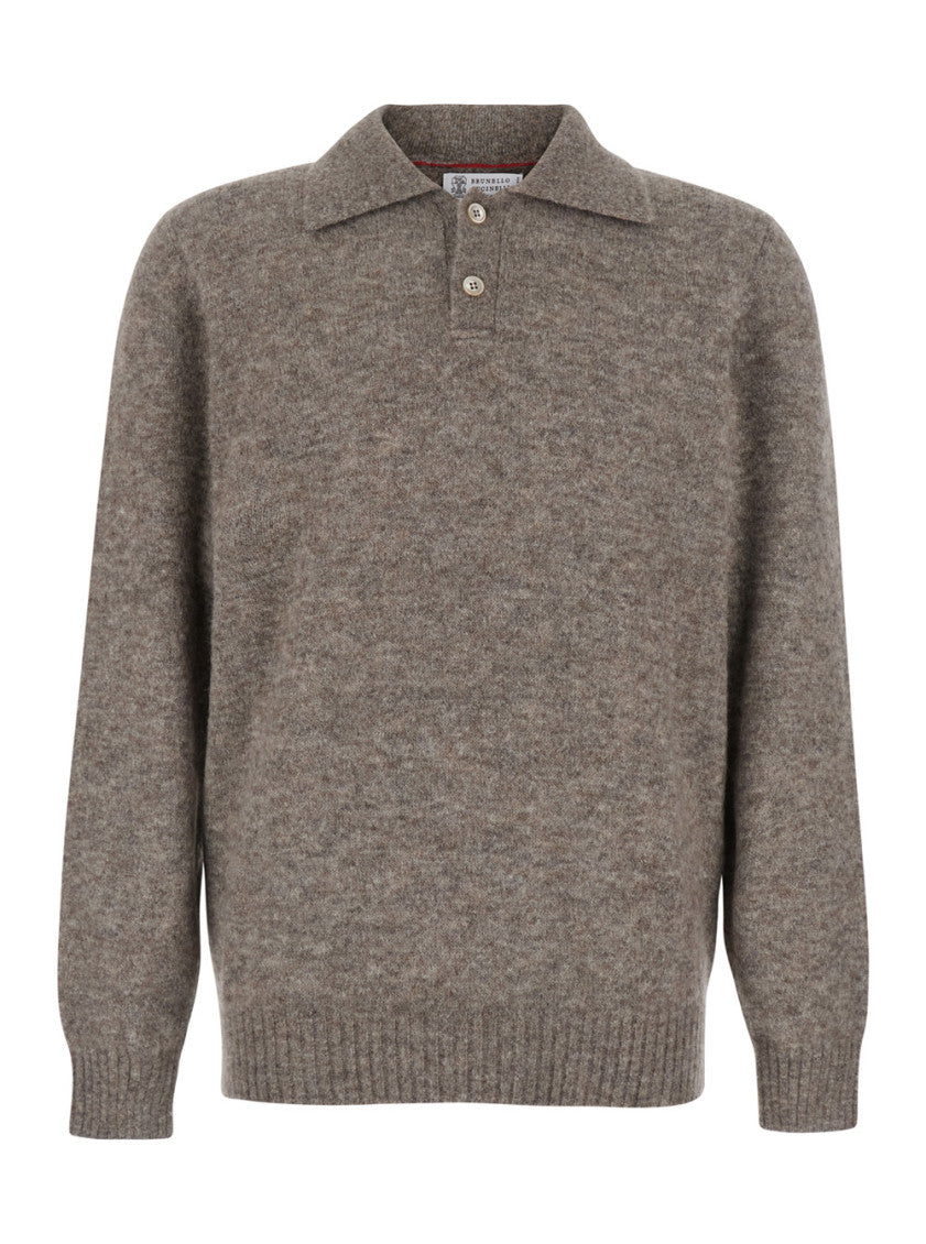 Taupe Brown Knitted Polo Sweater 1