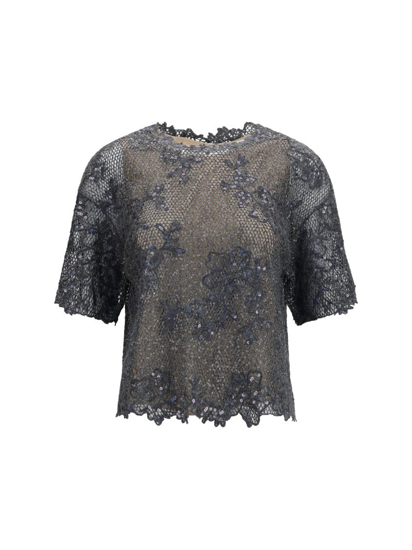 Grey Crew Neck Crochet Top 1