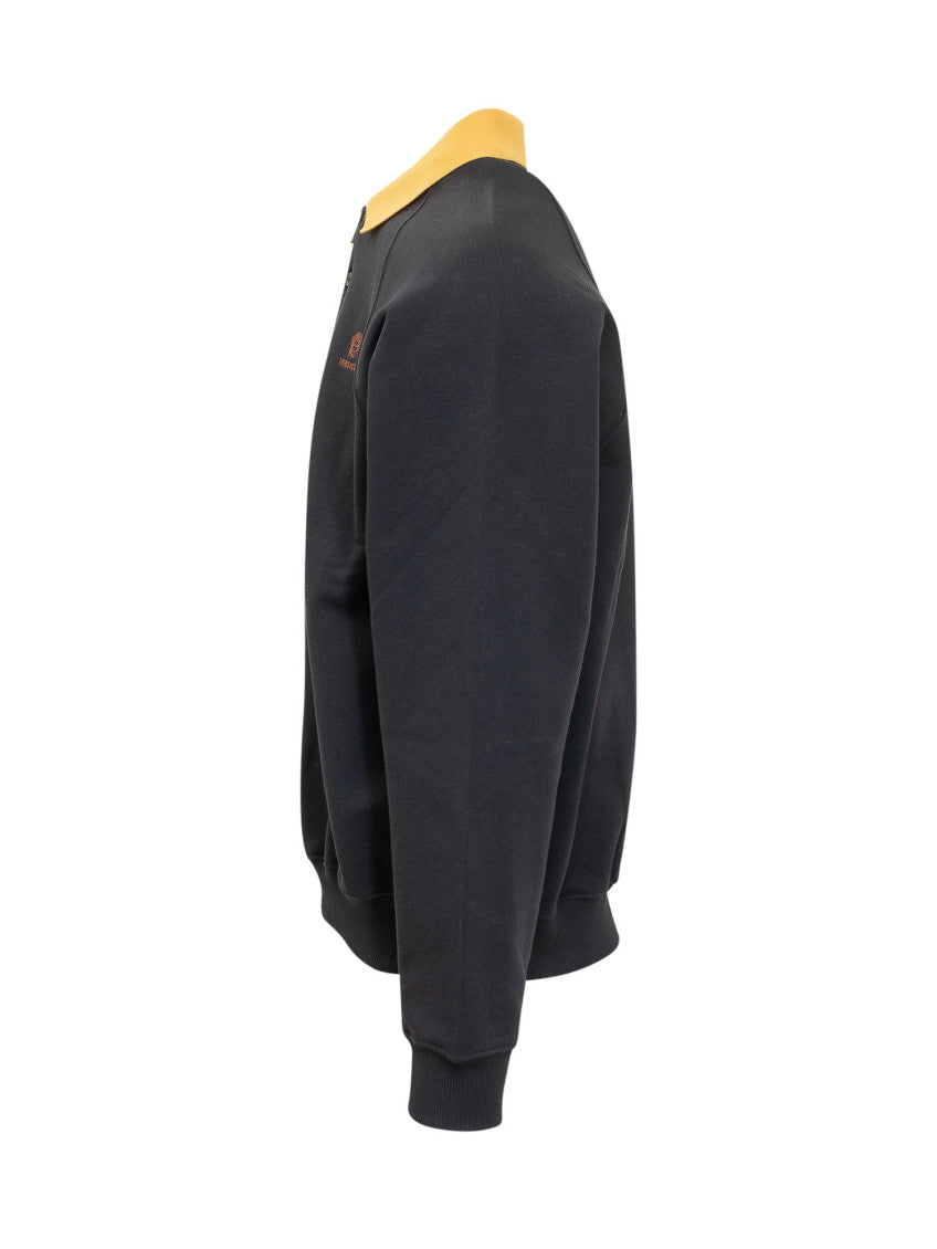 Navy Blue Solid Shirt Collar Sweatshirt 2