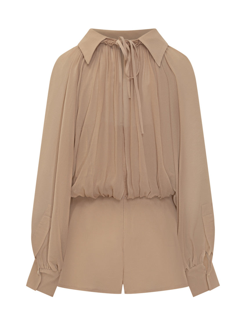 Beige Solid Shirt Collar Jumpsuit 1