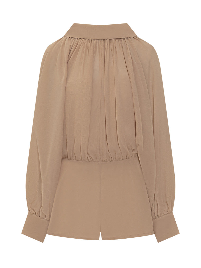 Beige Solid Shirt Collar Jumpsuit 2