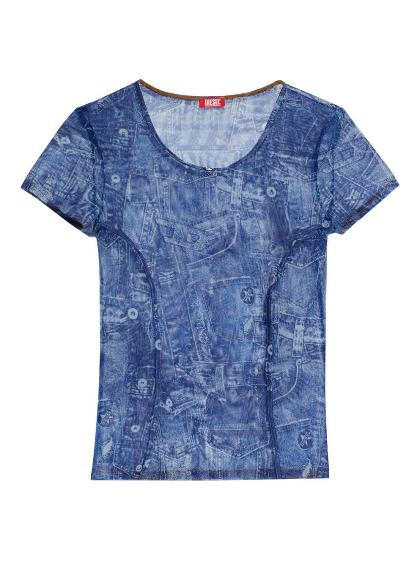 Blue Printed Scoop Neck T-Shirt 1