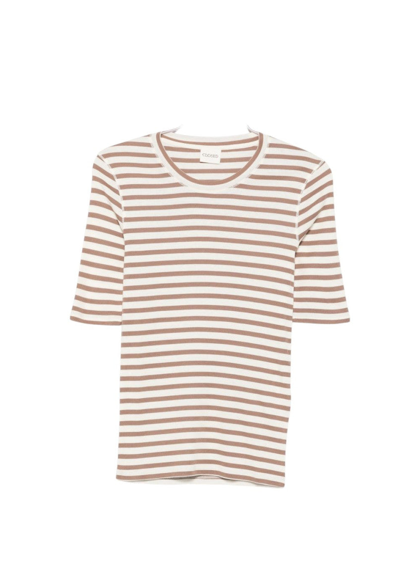 Beige Striped Crew Neck T-Shirt 1