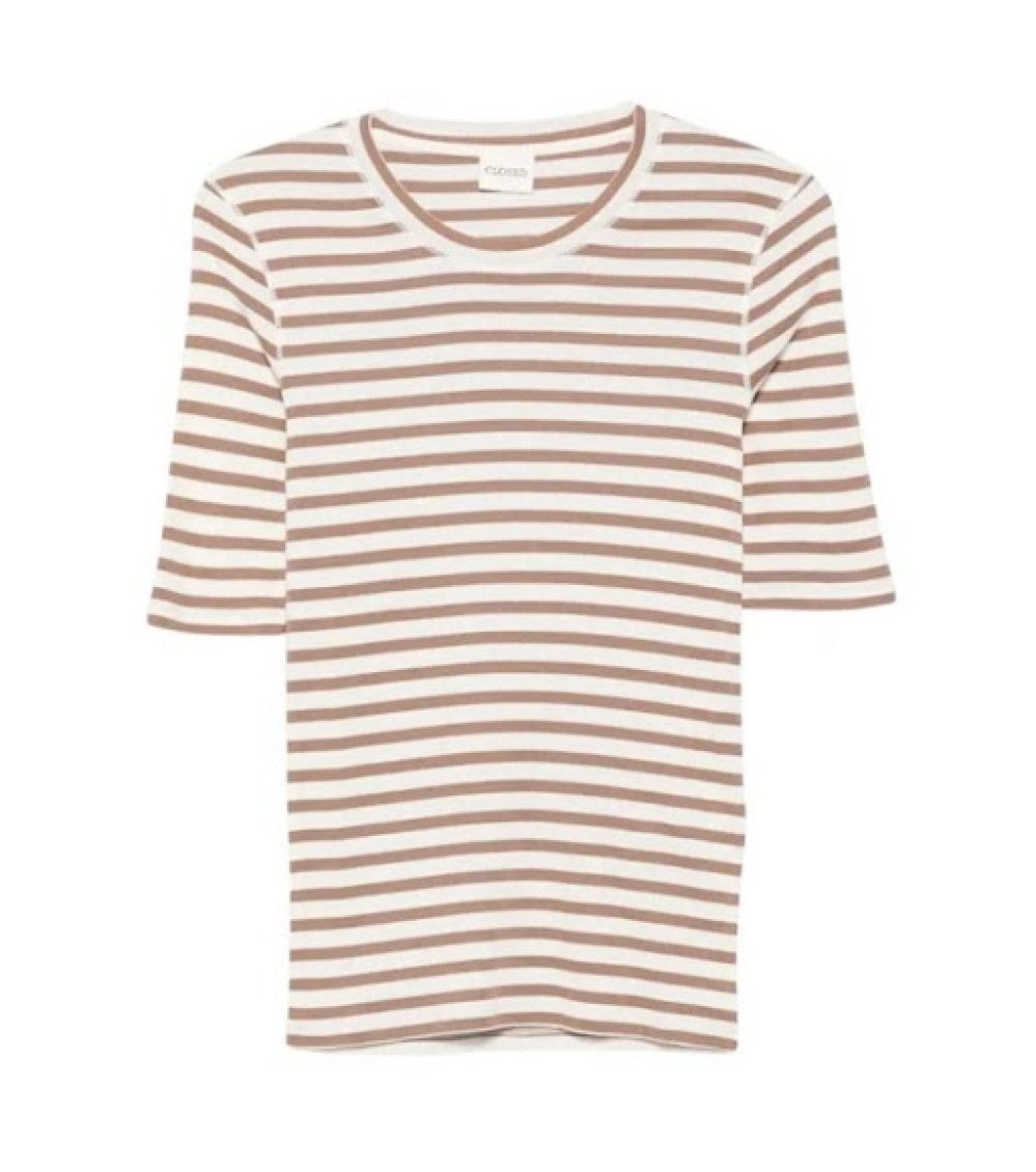 Beige Striped Crew Neck T-Shirt 1