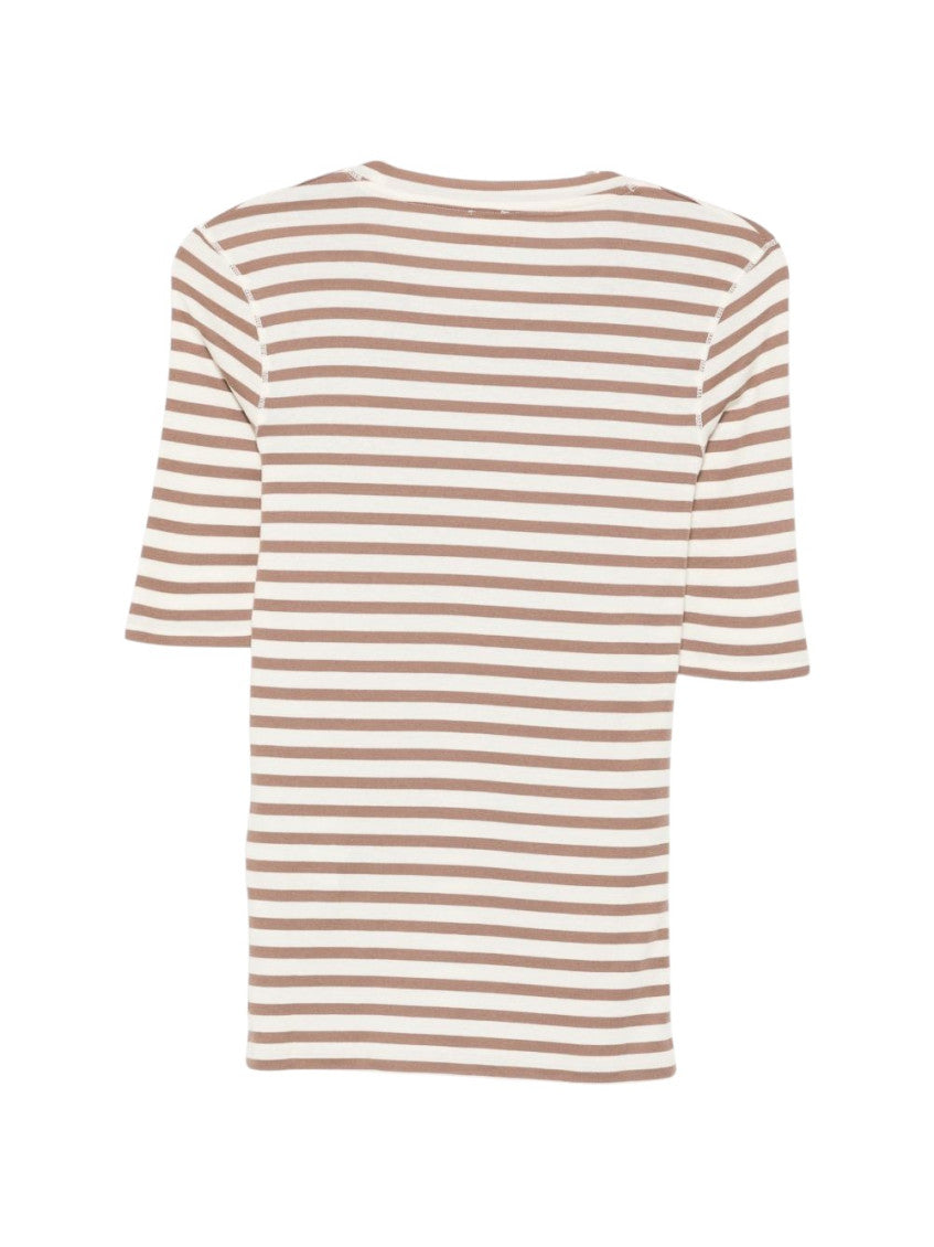 Beige Striped Crew Neck T-Shirt 2