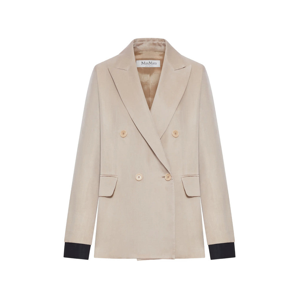 Beige Solid Peaked Lapel Blazer 1