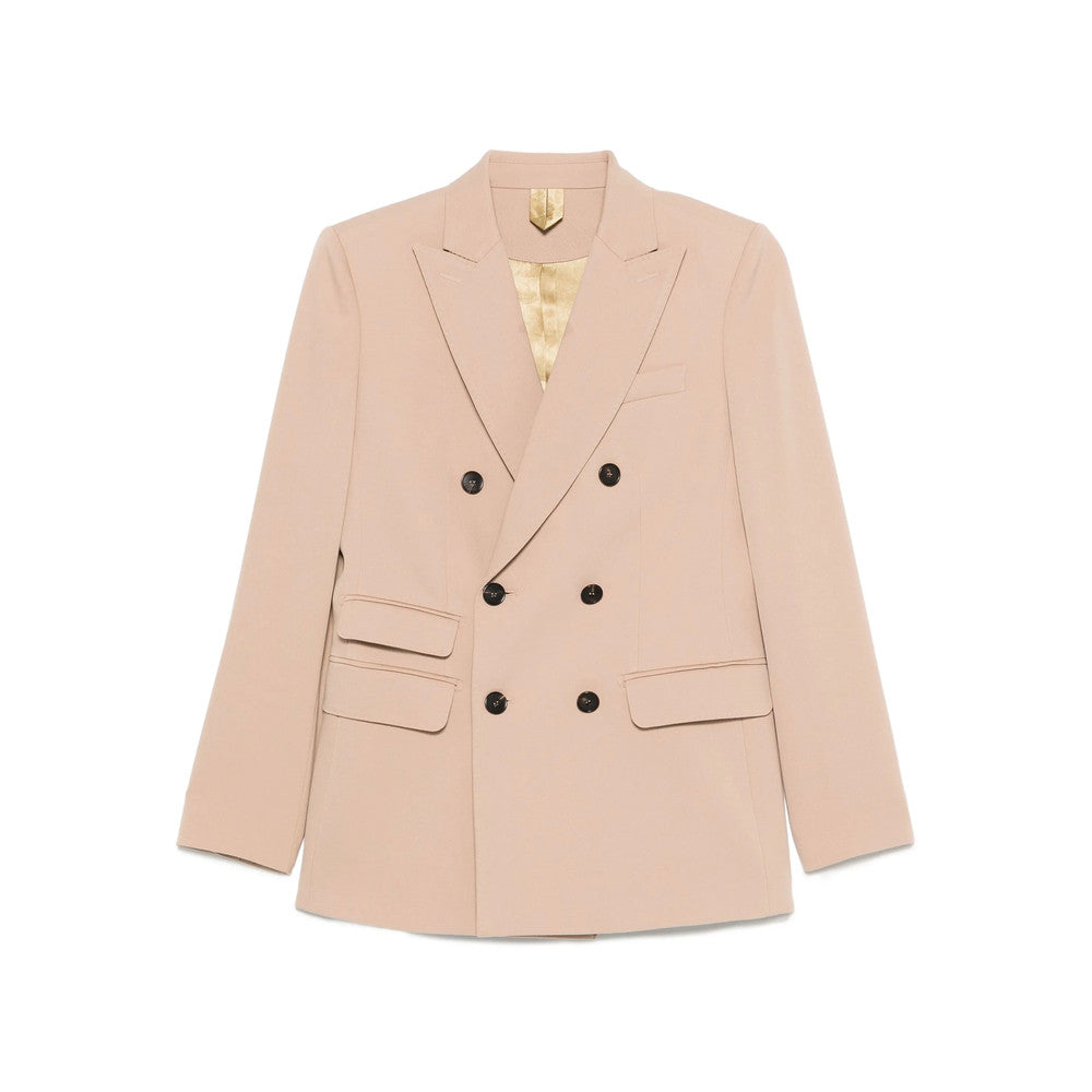 Beige Solid Peaked Lapel Blazer 1