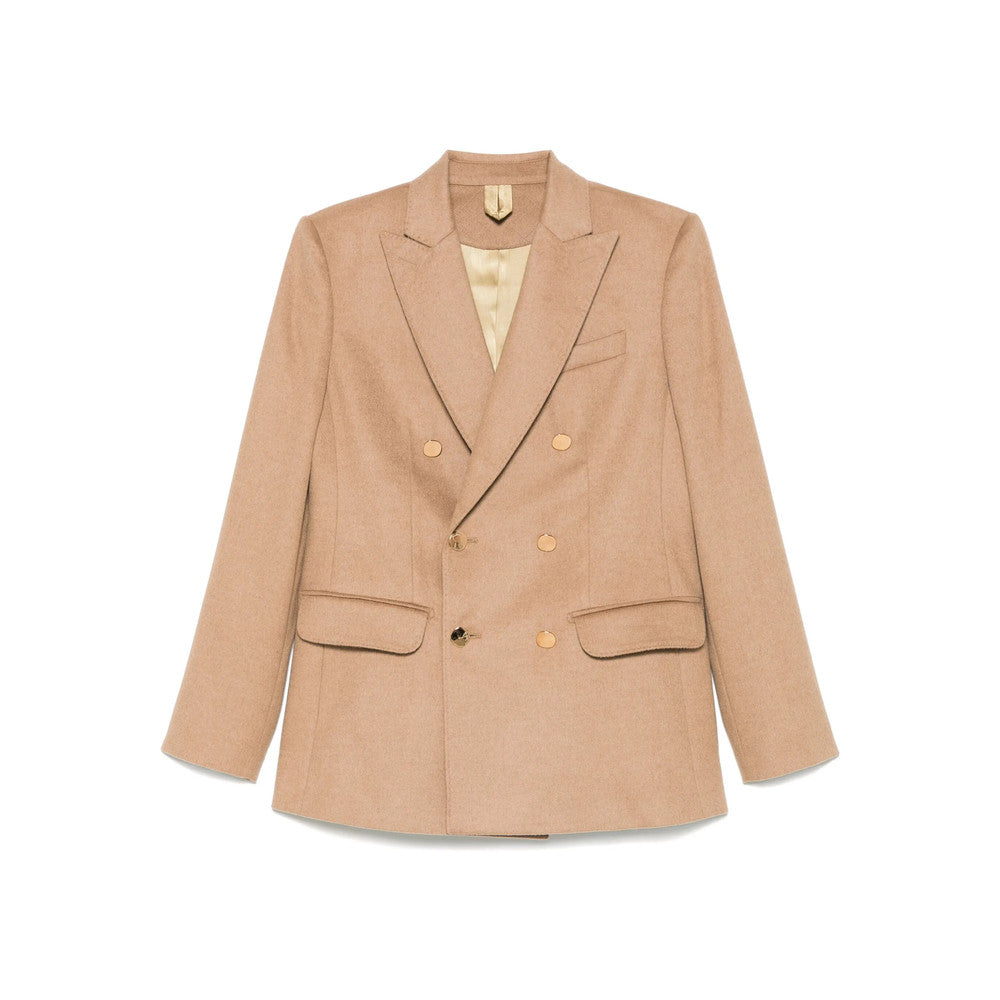 Beige Solid Peaked Lapel Blazer 1