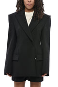 Black Solid Peaked Lapel Blazer 1