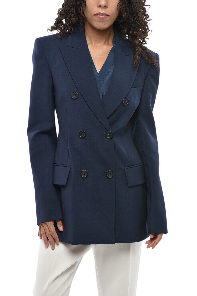 Blue Solid Peaked Lapel Blazer 1