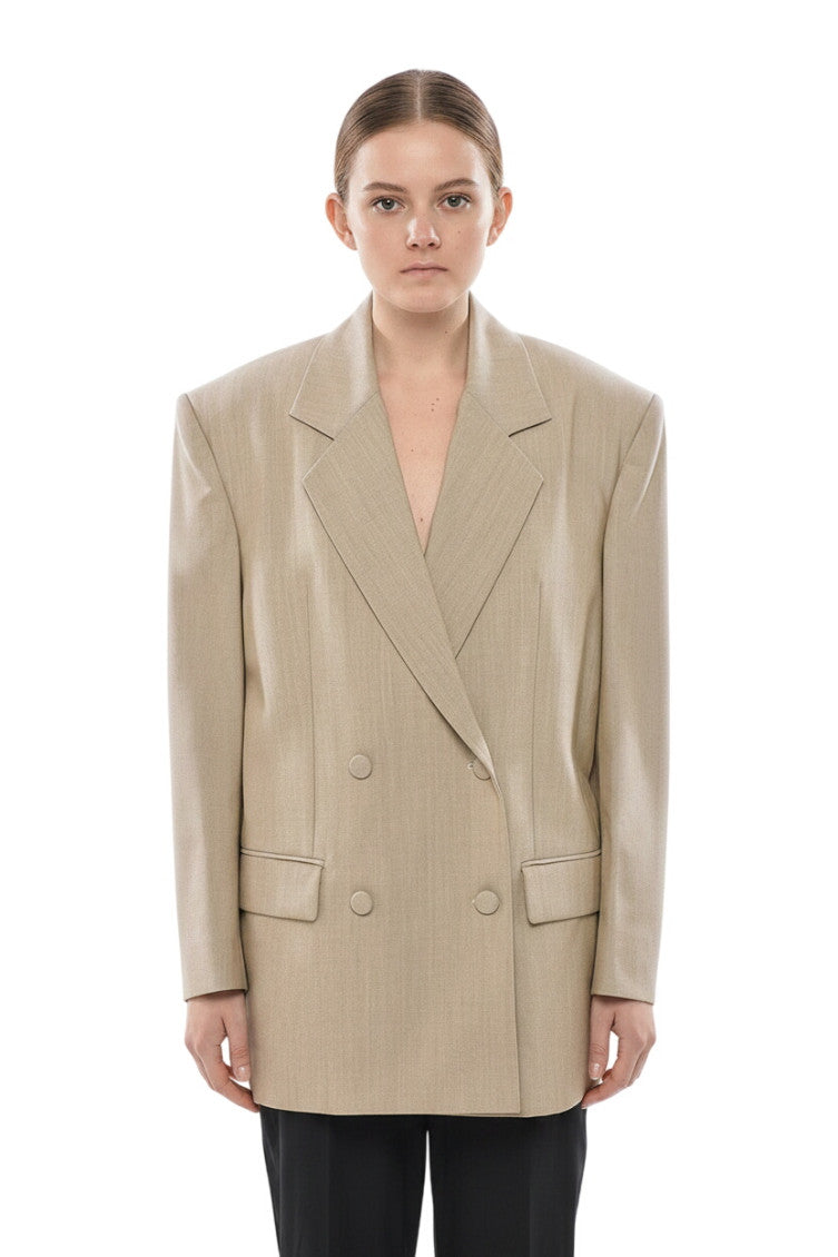 Beige Solid Peaked Lapel Blazer 1