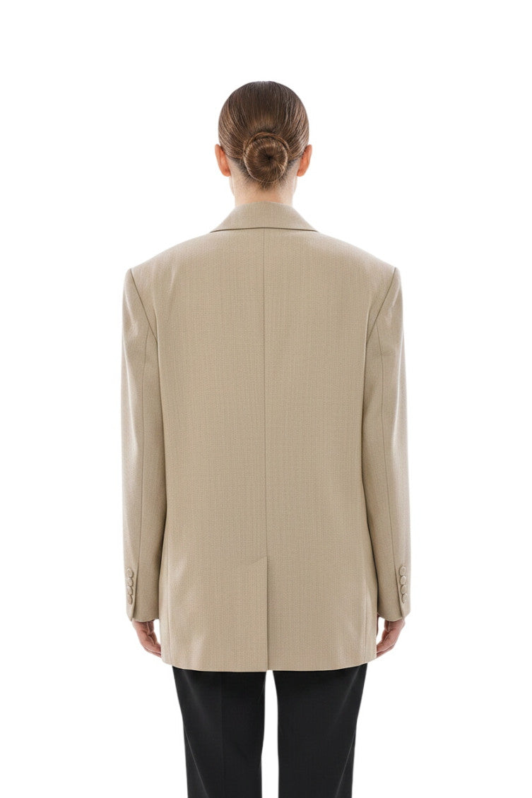 Beige Solid Peaked Lapel Blazer 2