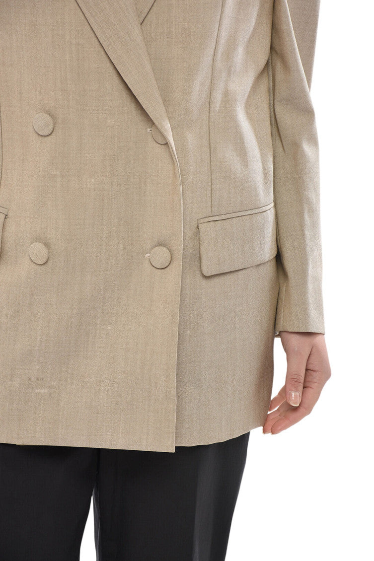 Beige Solid Peaked Lapel Blazer 3
