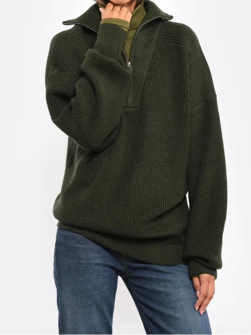 Khaki Wool Zip-up Sweater 2