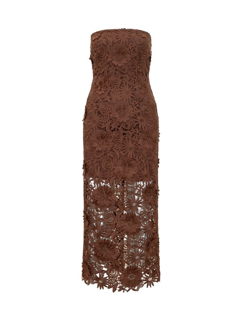 Brown Floral Lace Strapless Midi Dress 1