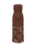 Brown Floral Lace Strapless Midi Dress 1
