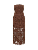 Brown Floral Lace Strapless Midi Dress 1