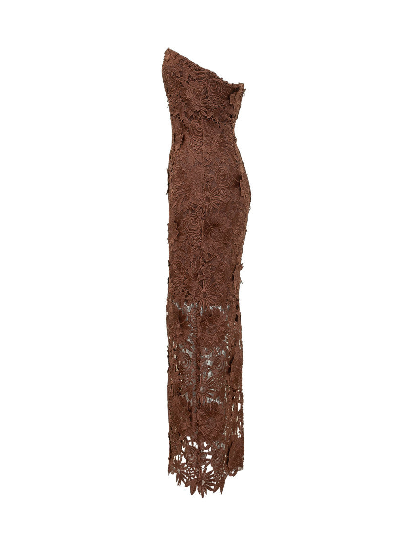 Brown Floral Lace Strapless Midi Dress 2