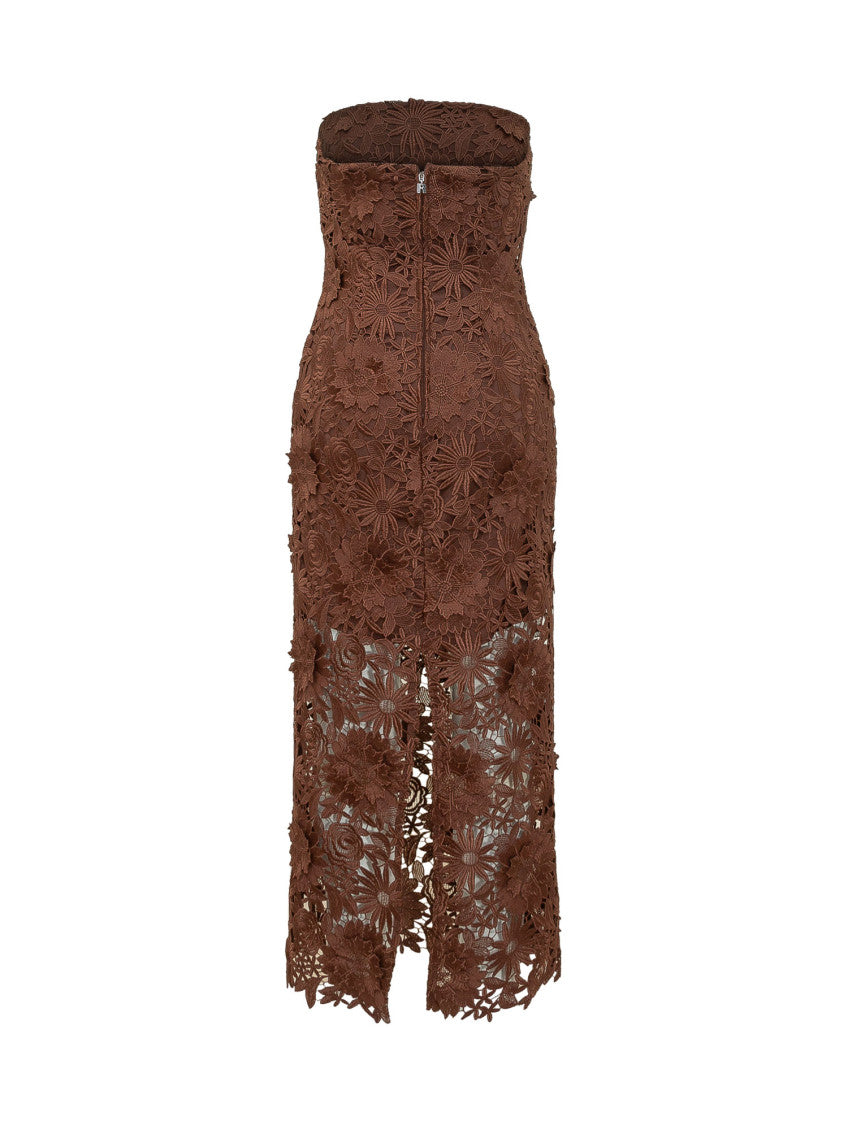Brown Floral Lace Strapless Midi Dress 3