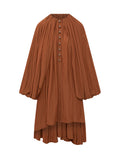 Orange Pleated Round Neck Midi Dress 1