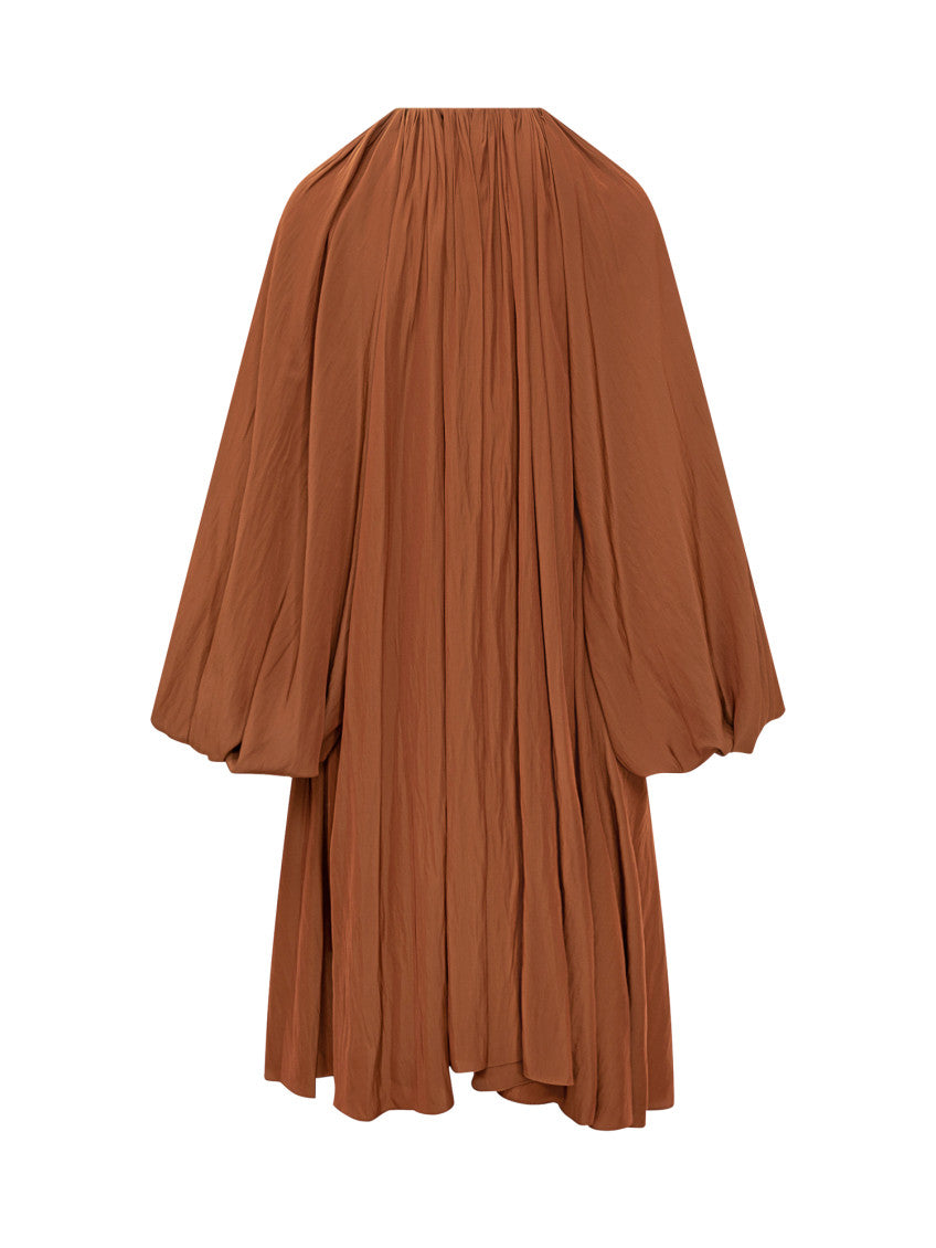 Orange Pleated Round Neck Midi Dress 2