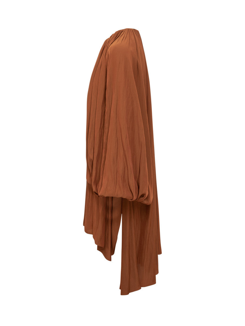 Orange Pleated Round Neck Midi Dress 3