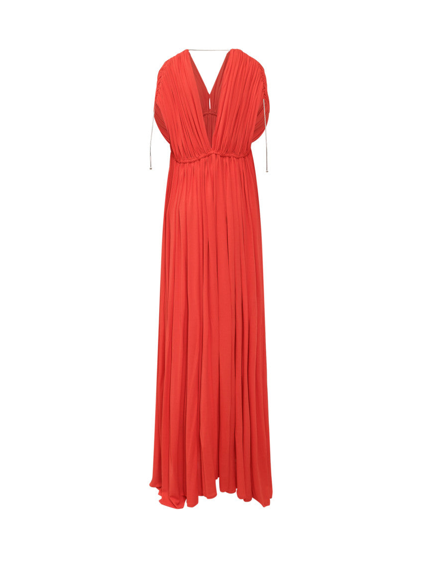 Red Pleated V Neck Maxi Dress 2