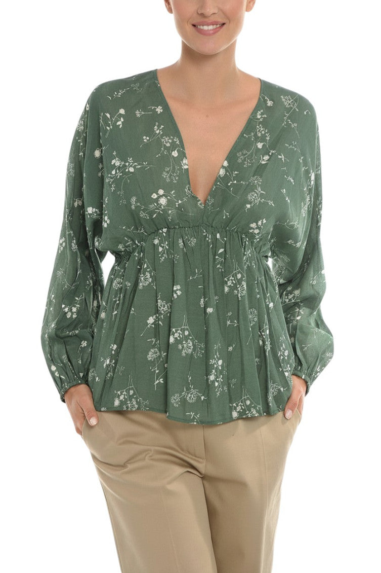 Green Floral V Neck Top 1