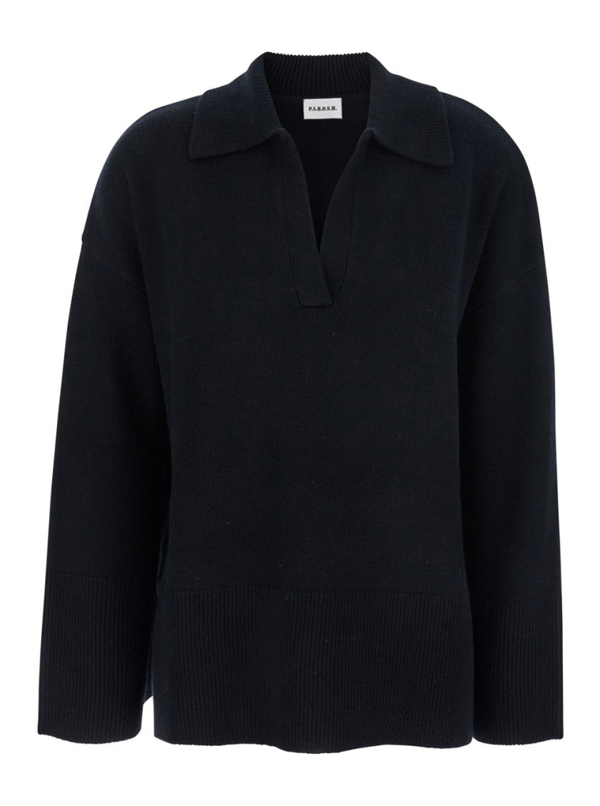 Black Solid Shirt Collar Sweater 1