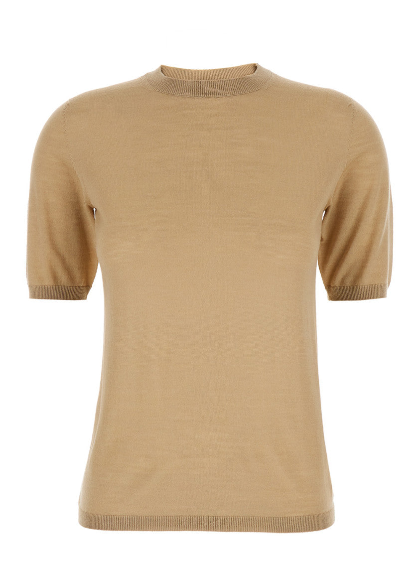 Beige Solid Crew Neck Sweater 1