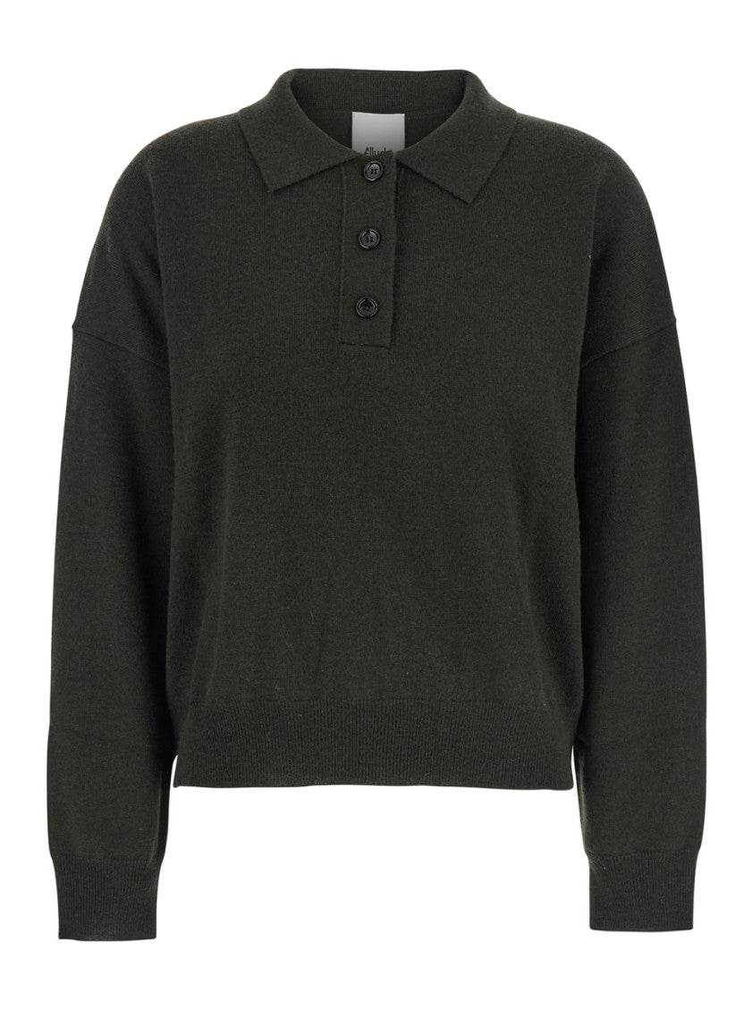 Green Solid Shirt Collar Sweater 1
