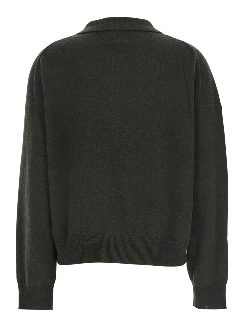 Green Solid Shirt Collar Sweater 2